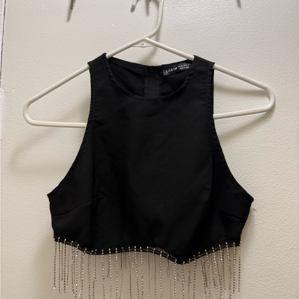 SHEIN Elegant Black Beaded Crop Top